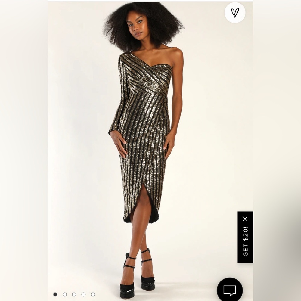 Lulu’s Elegant Occasion Gold Sequin One-Shoulder Midi Dress NWT SZ S